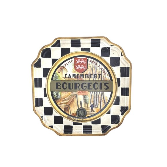 Vintage Hand-Painted Wood French Camembert Cheese Wall Plate Checkered -2 - Picture 6 of 9